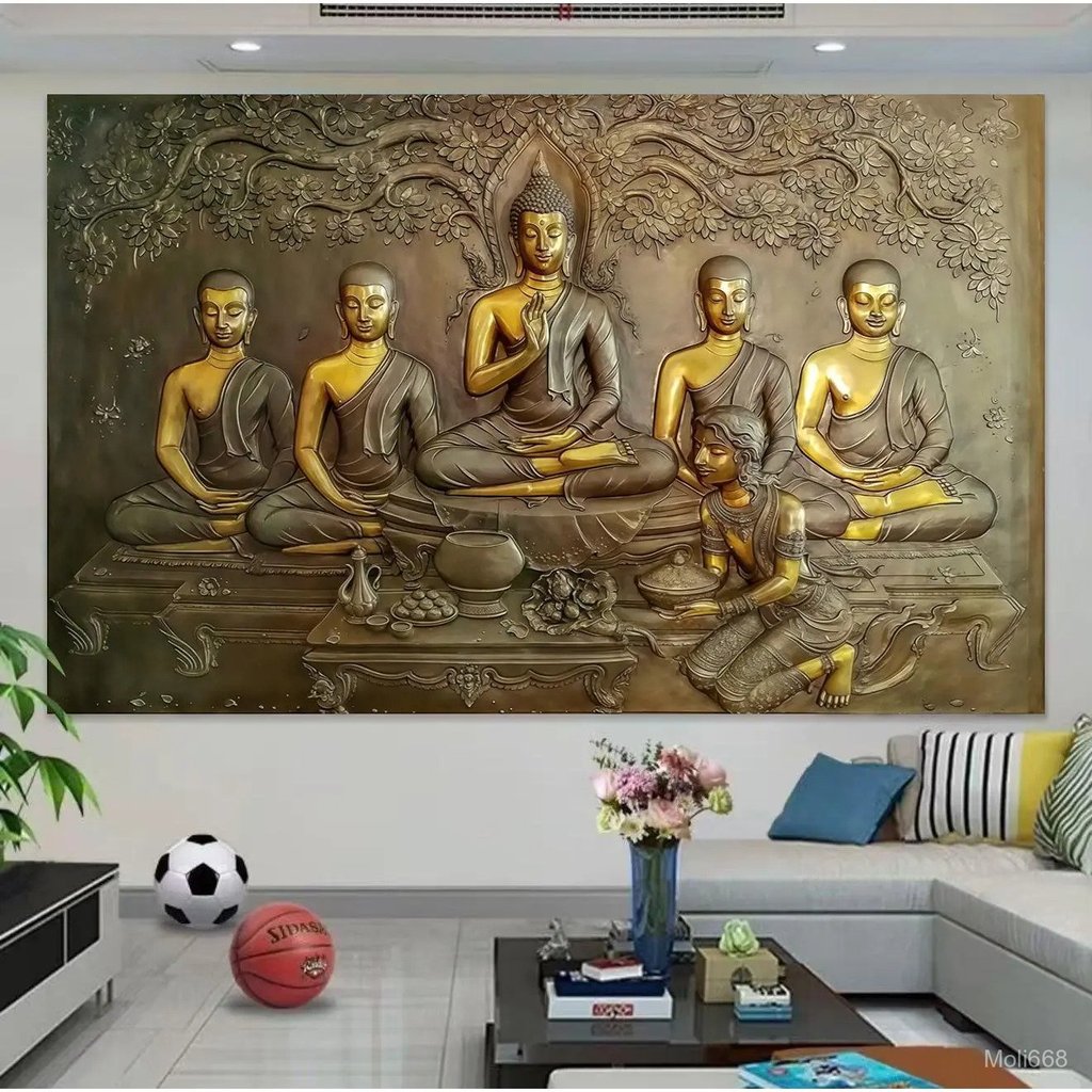 ผ้าพิมพ์รูปพระพุทธเจ้าใต้ต้นโพธิ์ ภาพแกะสลักวัดไทย ตกแต่งห้องสมาธิ