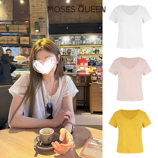 MOSESQUEEN เสื้อยืดระบายอากาศคอวีรีดขอบขี้เกียจและสะดวกสบายสําหรับผู้หญิง - เสื้อเชิ้ตแขนสั้นสีบริสุทธิ์กระชับสัดส่วน #63901