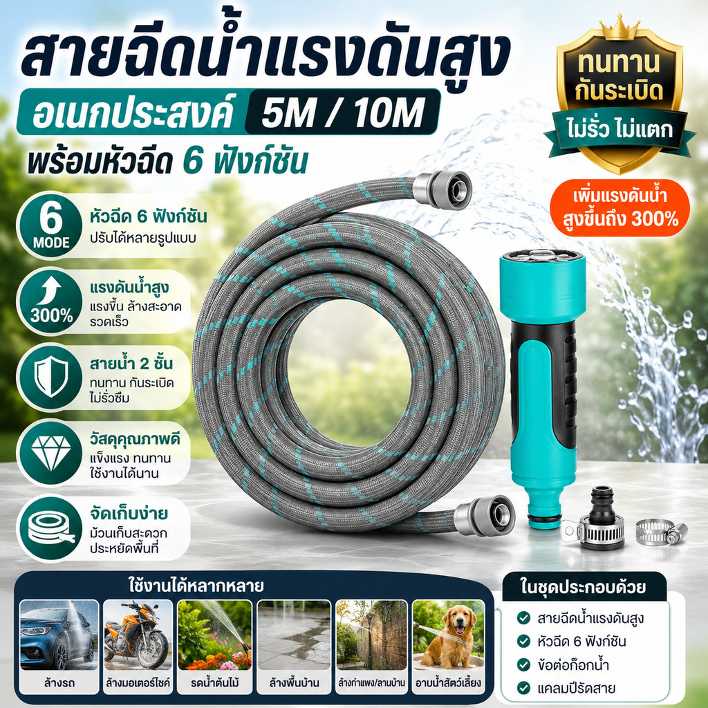 สายฉีดน้ำอเนกประสงค์ 5M/10M พร้อมหัวฉีด 6 ฟังก์ชัน กันระเบิด สำหรับรดน้ำต้นไม้ ล้างรถ และทำความสะอาด