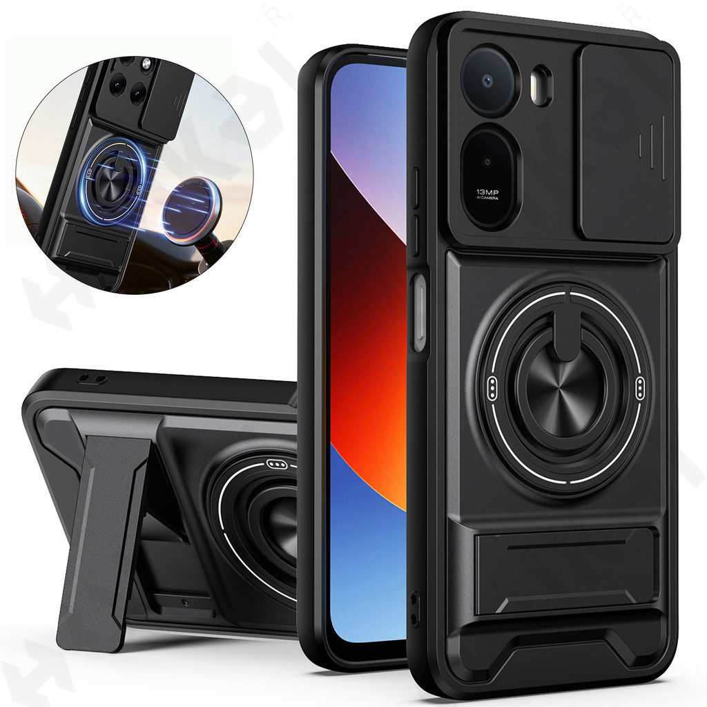 เคสสําหรับ Redmi A7 Pro 4G ผู้ถือบัตรสไลด์กล้องแหวนขาตั้งเกราะ Kickstand ฝาครอบ HXQU