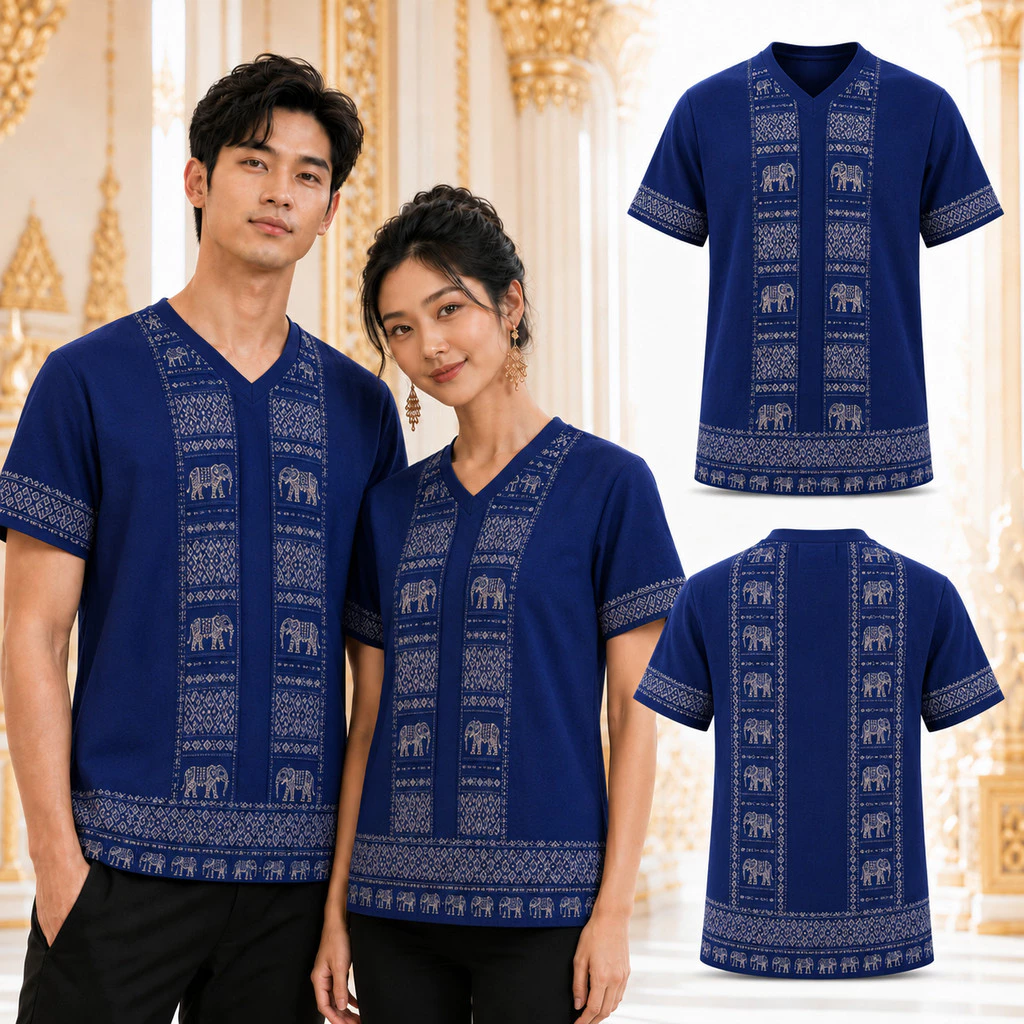 เสื้อพื้นเมืองไทยคู่ชายหญิง สีกรมท่า ลายช้างไทย เสื้อชาติพันธุ์คอวีแขนสั้น ผ้านุ่มใส่สบาย แฟชั่นไทยประยุกต์ ใส่เที่ยววัด
