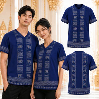 เสื้อพื้นเมืองไทยคู่ชายหญิง สีกรมท่า ลายช้างไทย เสื้อชาติพันธุ์คอวีแขนสั้น ผ้านุ่มใส่สบาย แฟชั่นไทยประยุกต์ ใส่เที่ยววัด