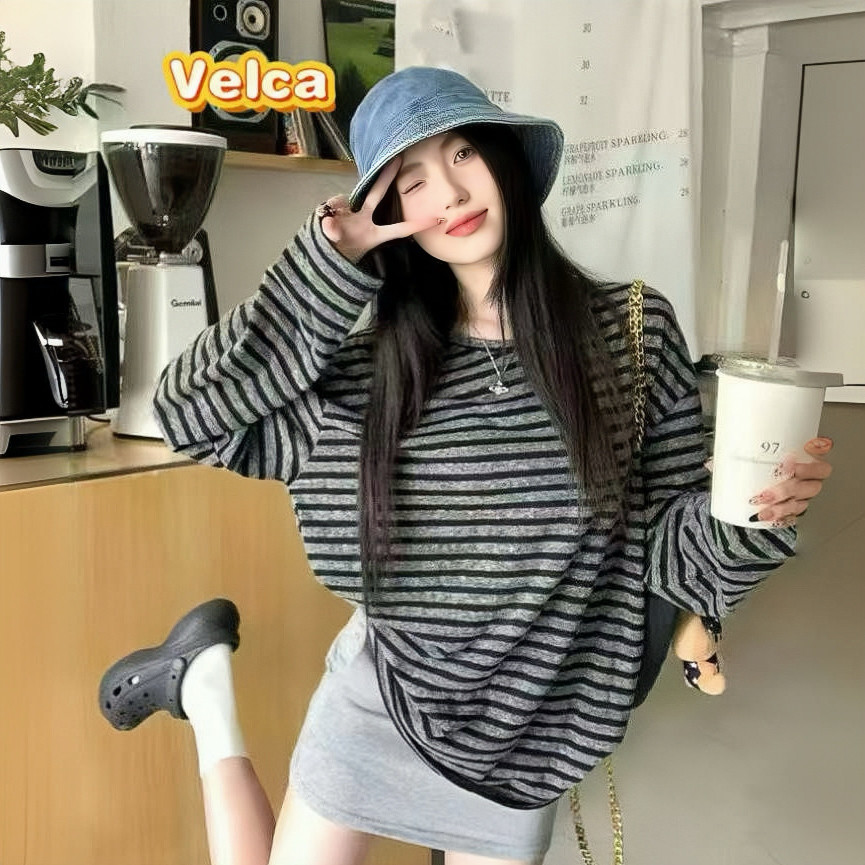 ส่งจากไทยทุกวัน ลายทาง เสื้อยืดผู้หญิง ทรงหลวม แฟชั่นสําหรับสตรี แขนยาว สไตล์ย้อนยุคแบบอเมริกันVelca