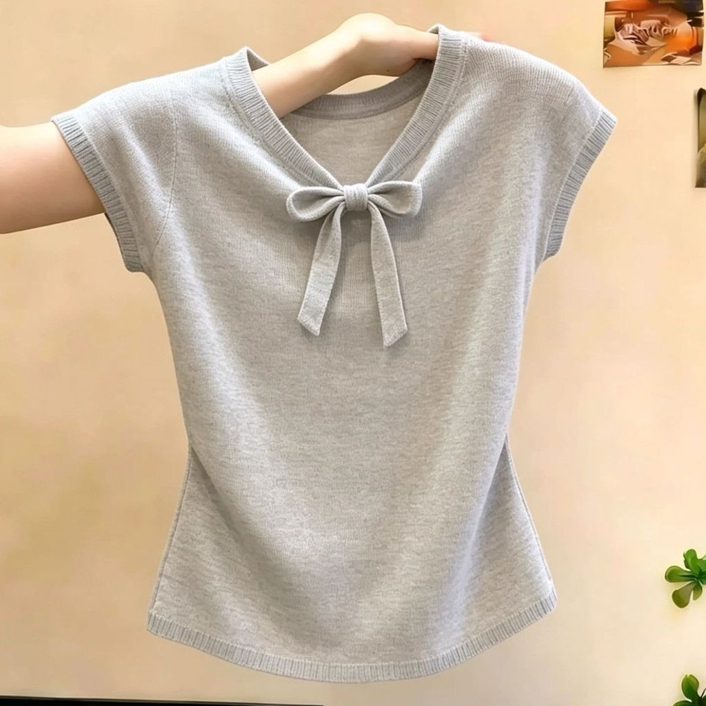 ฝรั่งเศสสไตล์อ่อนโยน Bow Laced-Up เสื้อกันหนาวแขนสั้นผู้หญิงฤดูร้อนสไตล์ใหม่คอวี Slim-Fit Slimmer ดูยอดนิยมต้องการ