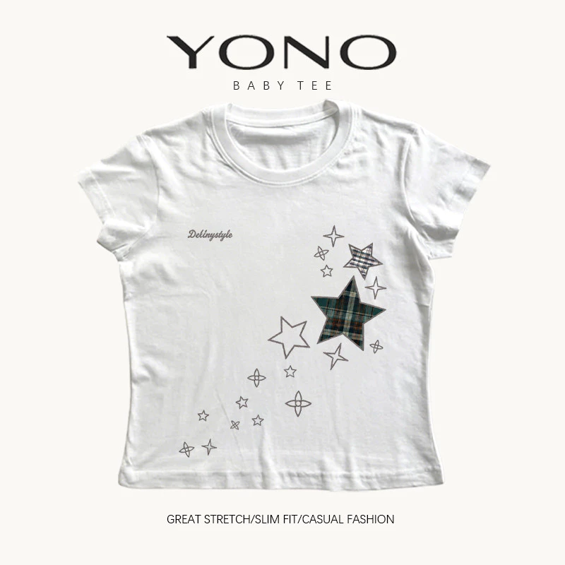 (พร้อมส่ง24ชม.) baby tee สีขาว ลายดาวผ้าตาราง ฟีล y2k มินิมอลหวานเท่ ทรงเข้ารูป ใส่ชิคทุกวัน