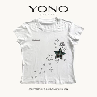 (พร้อมส่ง24ชม.) baby tee สีขาว ลายดาวผ้าตาราง ฟีล y2k มินิมอลหวานเท่ ทรงเข้ารูป ใส่ชิคทุกวัน