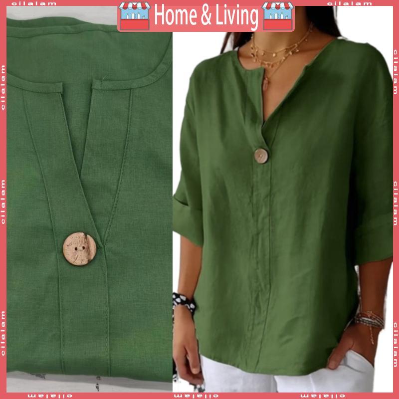 CI Women s 3 4 Long Sleeve V Neck Tunics Blouses Cotton Linen Work Tops Shirt