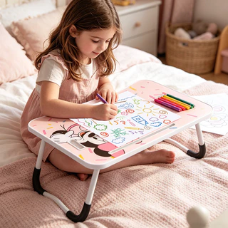 Disney โต๊ะมีลิ้นชักแบบพกพา ลิขสิทธิ์แท้ โต๊ะพับญี่ปุ่น 60x40 ซม. พร้อมลิ้นชักและที่วางแก้ว พกพาสะดวก ไม่ต้องประกอบ