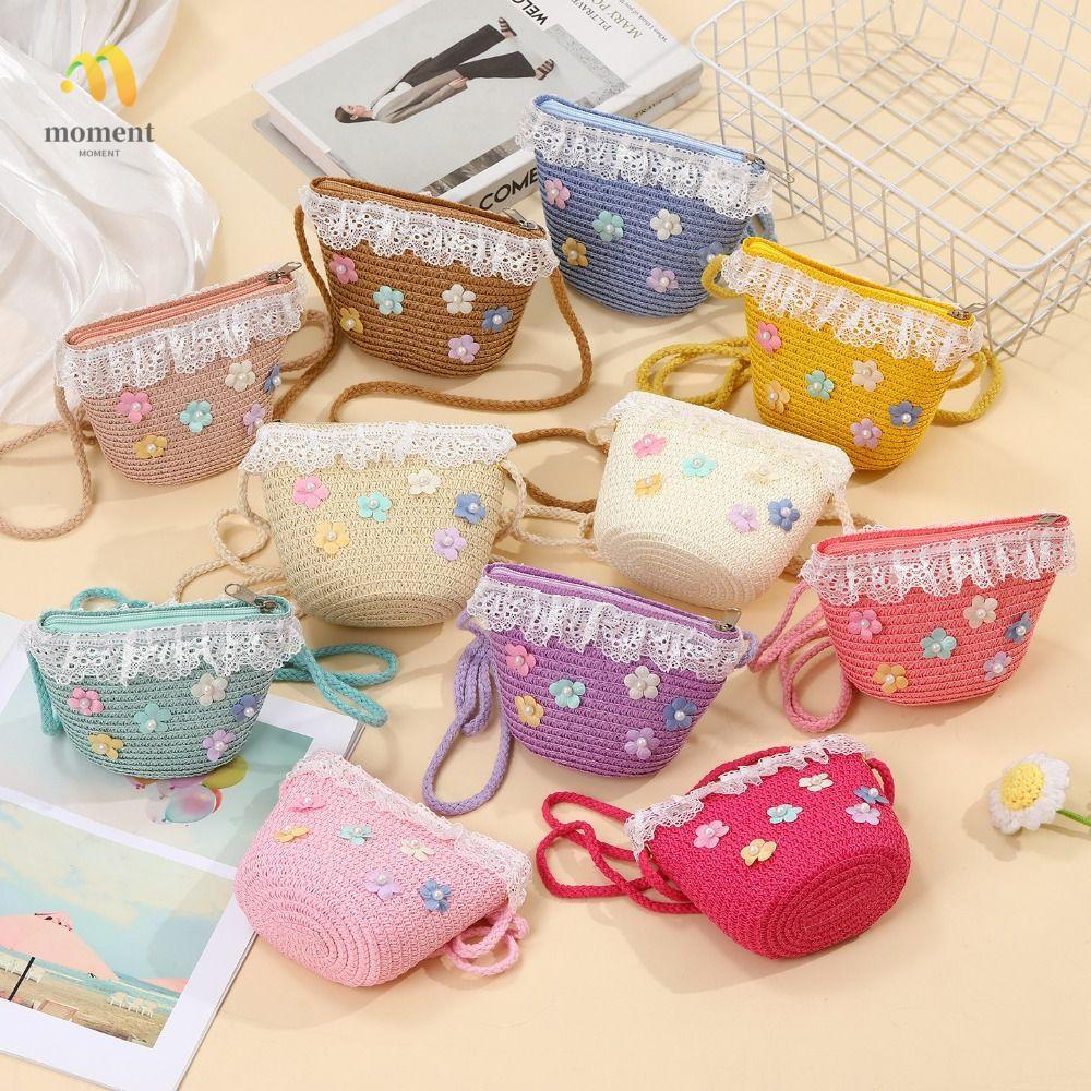 MOMENT Kids Straw Crossbody Bag, Flower Lace Zipper Mini Messenger Bag, Fashion Portable Childrens S