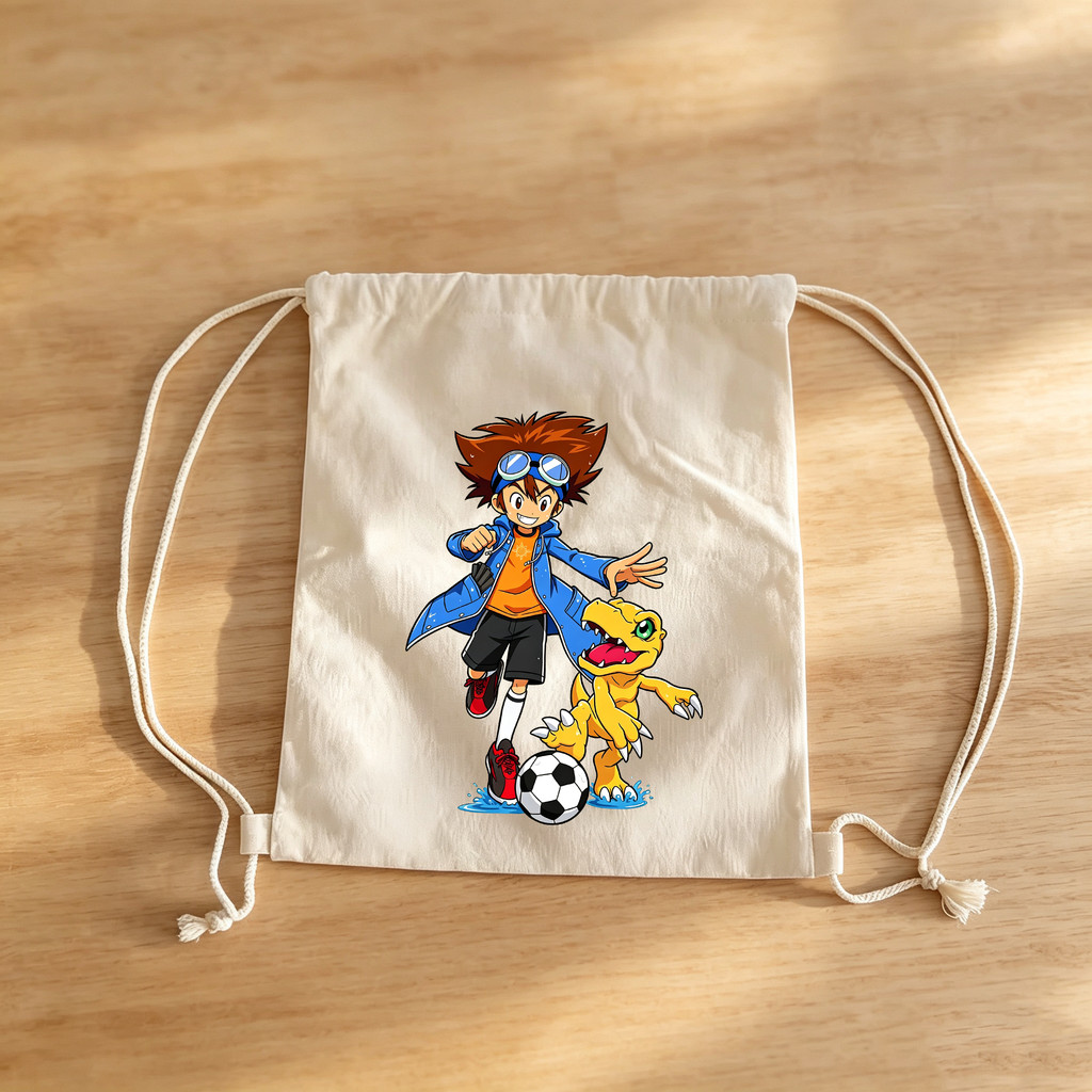 น่ารัก Digimon Taichi Agumon Pattern Canvas Drawstring Backpack Reusable Sports Storage Pouch Studen