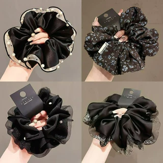 Vintage Black Series ขนาดใหญ่ซาติน Scrunchie ผม Tie หางม้าอุปกรณ์เสริมผม