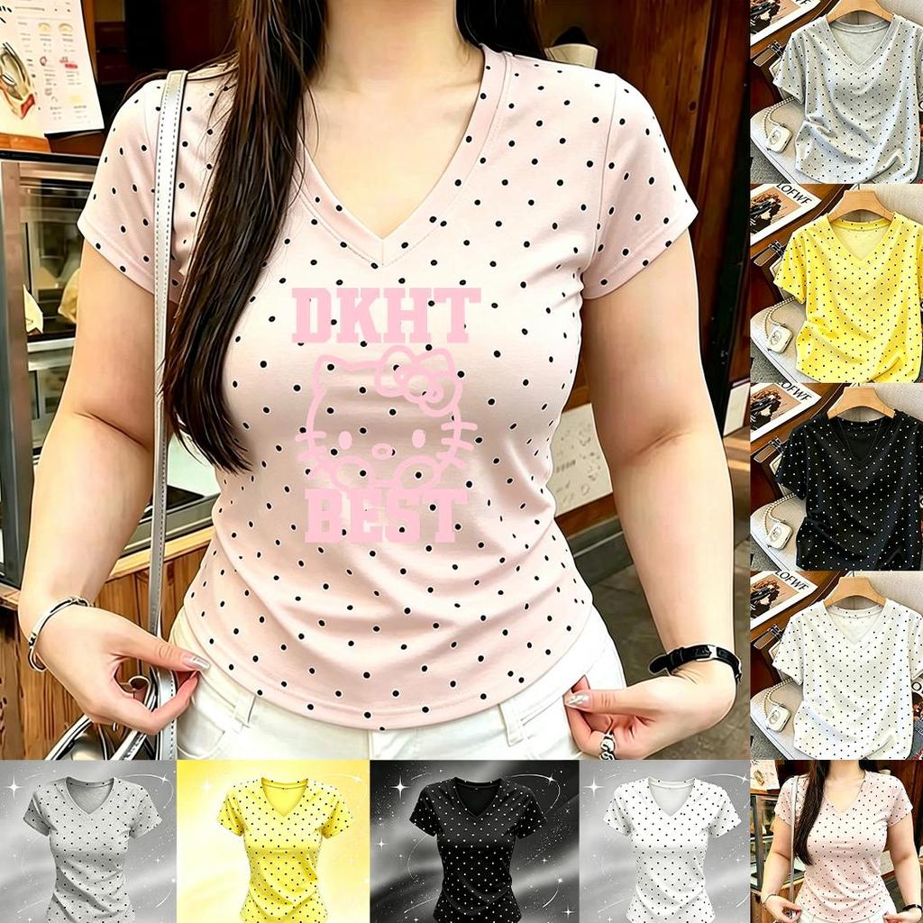 COD เสื้อยืดแขนสั้นลายจุด women clothing เหมาะสาวอ้วนไซส์ใหญ่ ช่วยซ่อนหุ่น ไหล่ผู้หญิง สไตล์เกาหลี สไตล์สาวแซ่บบริสุทธิ์