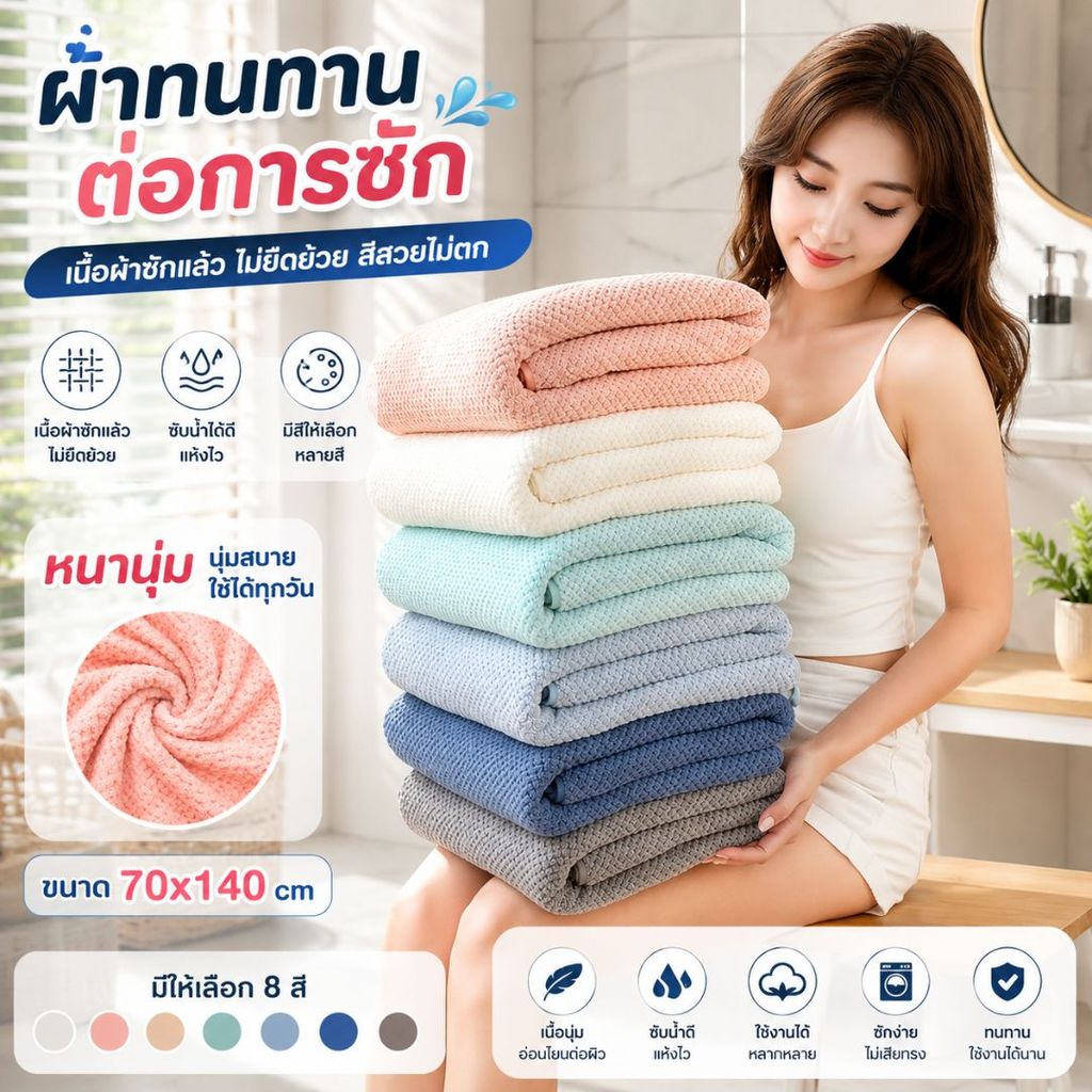 ผ้าเช็ดตัวรังผึ้ง ผ้าขนหนูอาบน้ำ ผ้าเช็ดตัวขนนุ่ม ซับน้ำดี ผืนใหญ่ห่อตัวได้ ผ้านุ่มไม่บาดผิว มีหลายสี ขนาด140x70cm