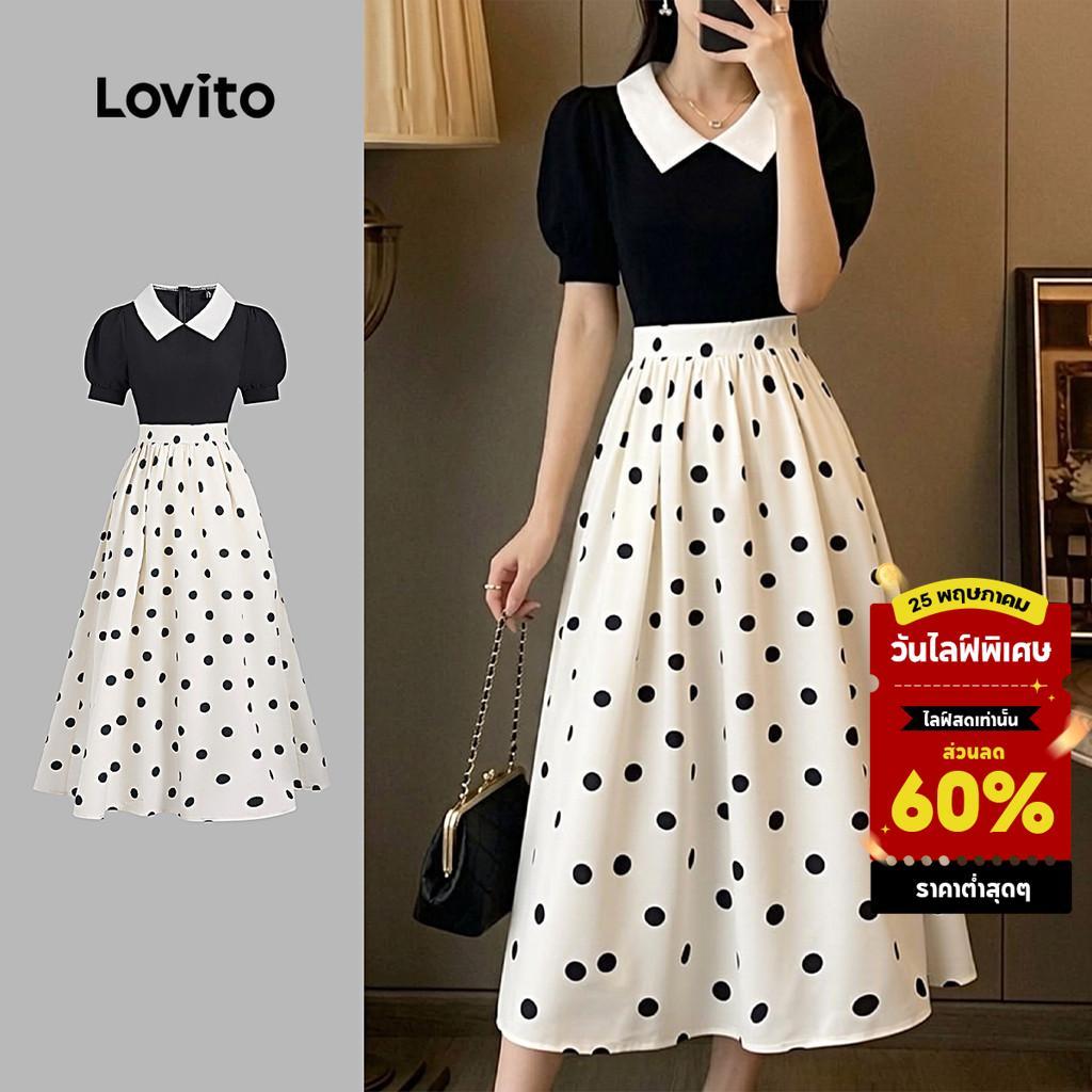 (New Arrival) Lovito เดรสผู้หญิงสีตัดกันดีไซน์พลีตสุดหรู เหมาะสําหรับฤดูใบไม้ผลิและฤดูร้อน L195ED161