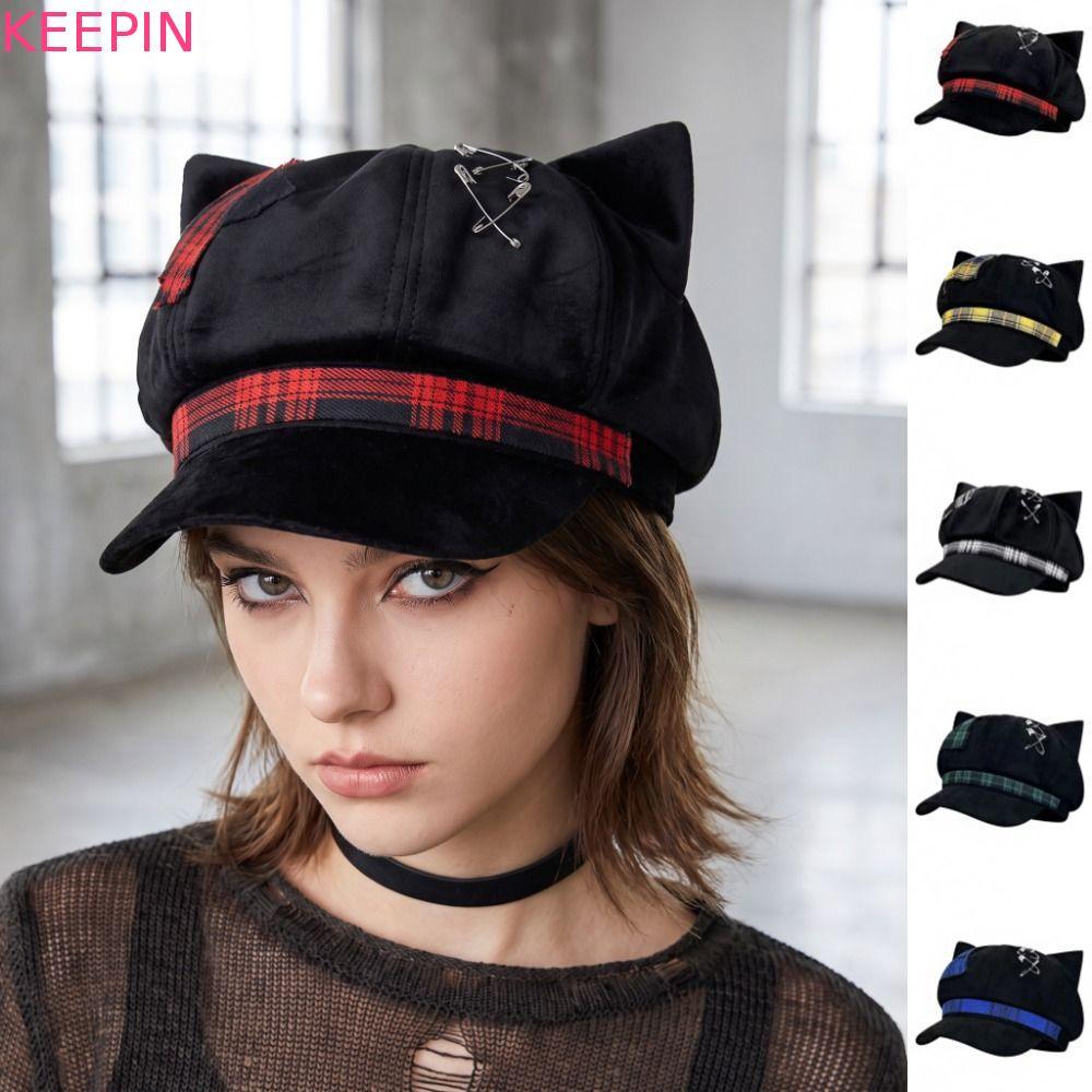 KEEPIN หูแมว Beret หมวก,ไม่สม่ําเสมอ Y2K ลายสก๊อตแปดเหลี่ยมหมวก,หวาน Lollita Punk Cross Newsboy Peaked หมวกการถ่ายภาพ Prop