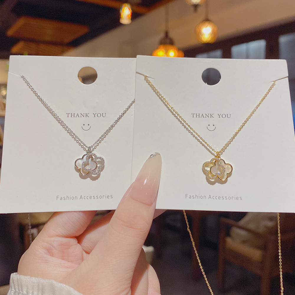 สไตล์ใหม่ สองเท่า-ชั้น สดใส Mother-of-pearl Four-leaf Clover สร้อยคอ, แฟชั่นไทเทเนียมเหล็กจี้เครื่องประดับ