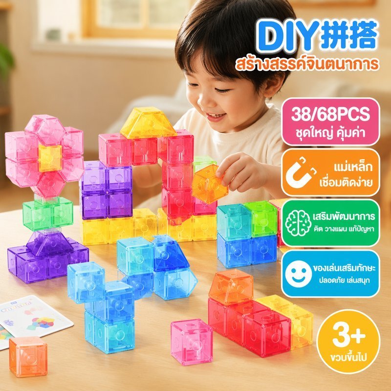Magnetic Cube Building Blocks ชุด 38 ชิ้น 68 ชิ้นโปร่งใสของเล่นเพื่อการศึกษา Logic Puzzle เด็ก