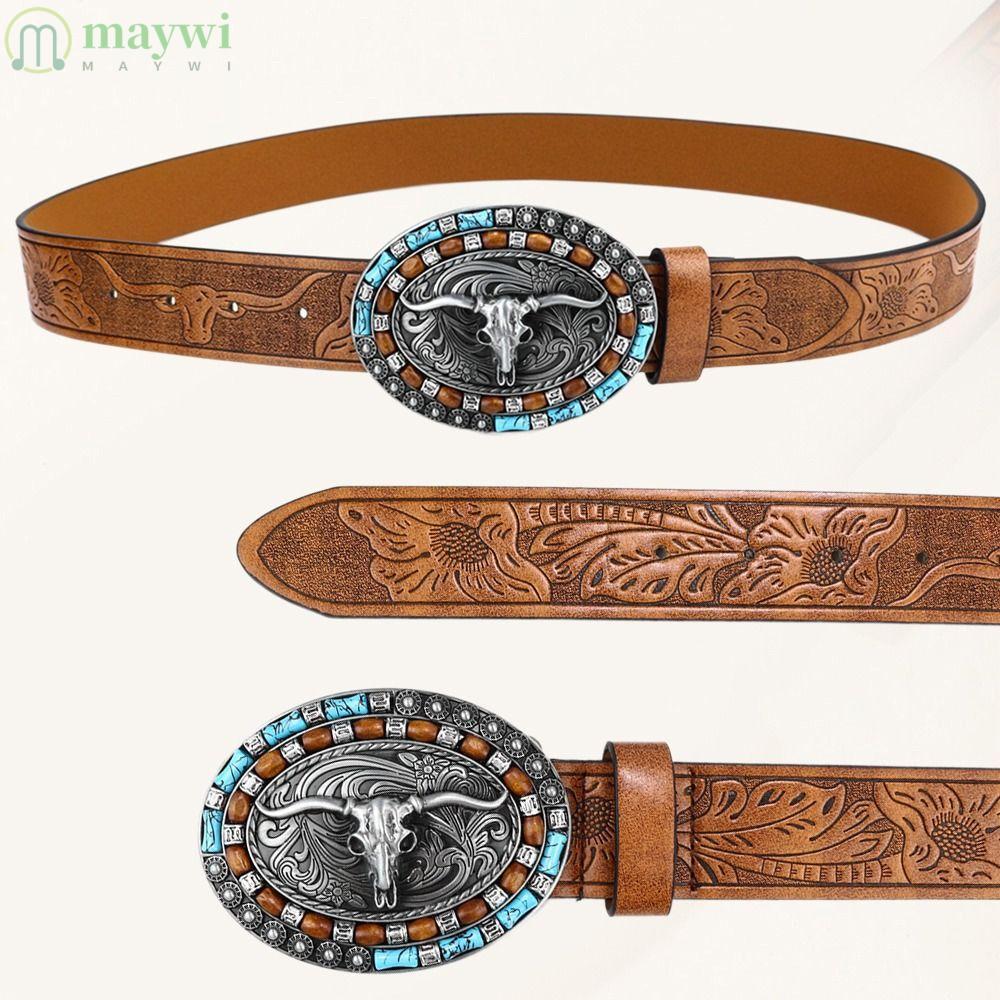 MAYWI Mens Western Cowboy Belt, PU Leather Bull Pattern Buckle Belt, Fashion Vintage Wide Waist Belt