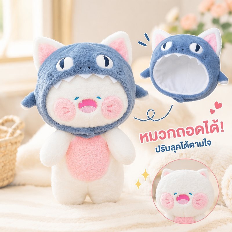 แมวฉลามตุ๊กตาตุ๊กตาที่ถอดออกได้ฮู้ดนุ่ม หน้า ผ้าฝ้ายน่ารักตกแต่งห้องของขวัญยัดไส้ของเล่น35 50