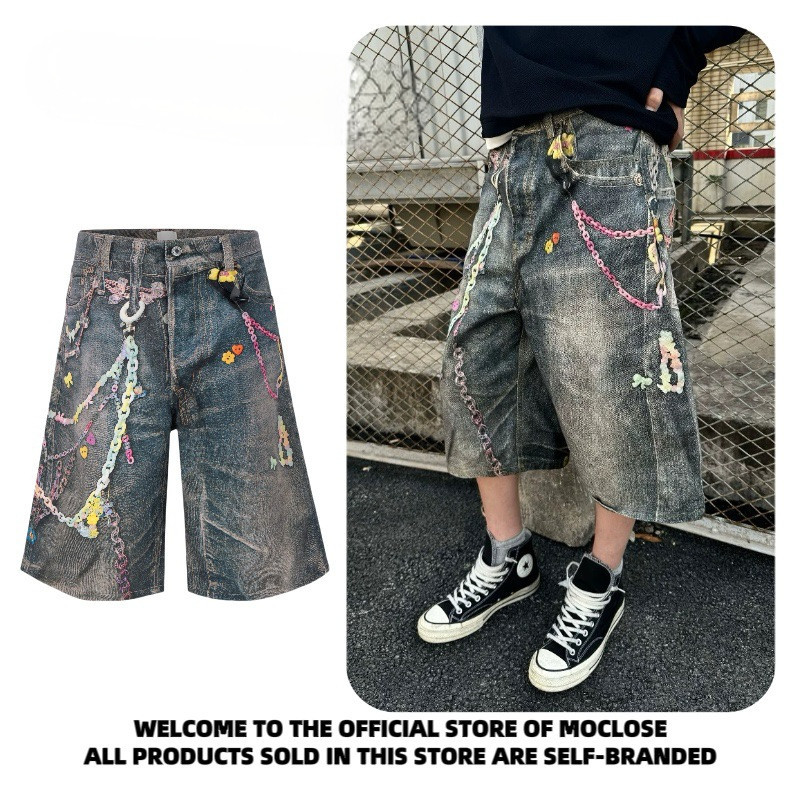 American Street Spring Summer Candy Chain Print Men Women Street Wear Casual Straight Wide-Leg Cropped Shorts