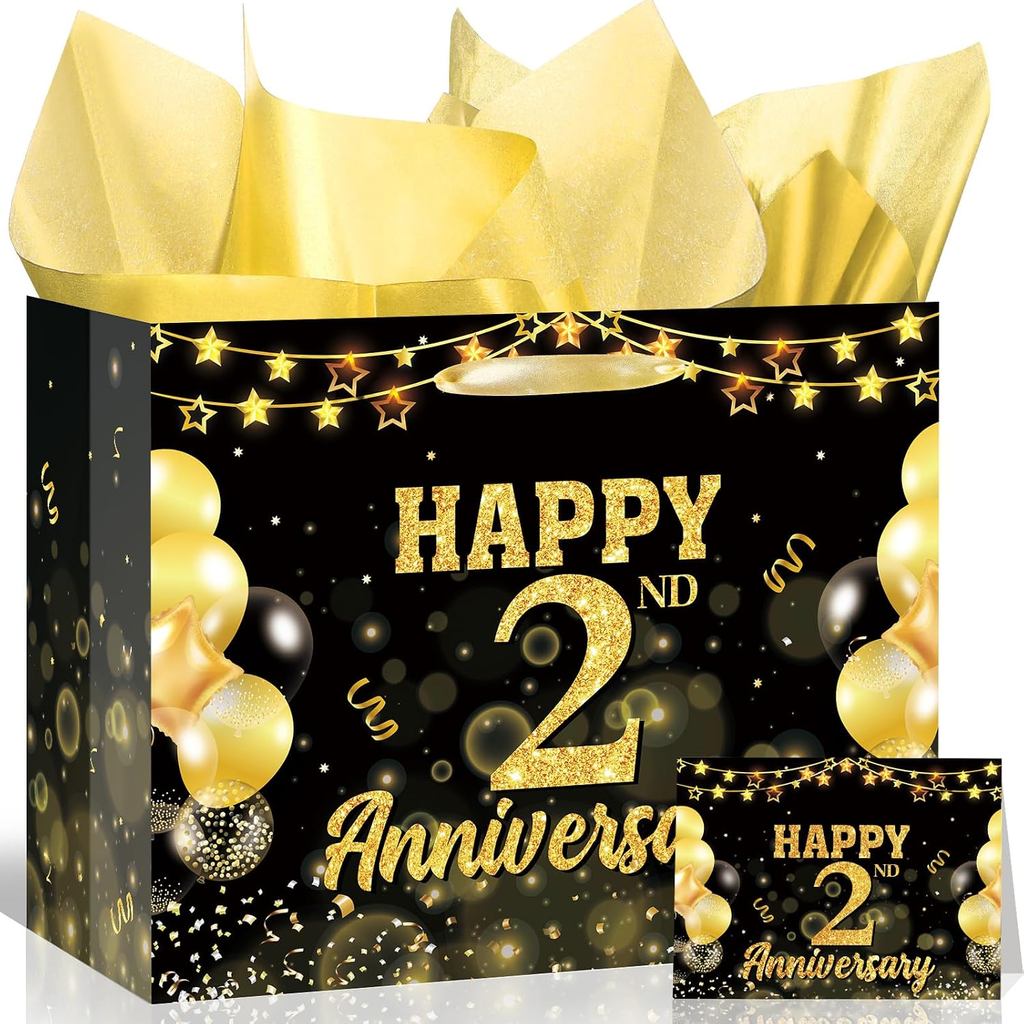 Happy 2nd Anniversary Paper Bag for Husband Wife Black Gold Two Years Wedding Anniversary Party Favo