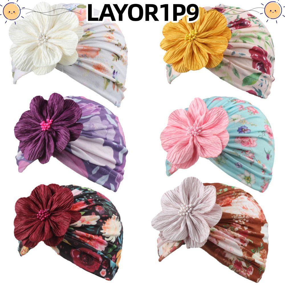 LAYOR1P9 Kids Turban Flower with Pearl Headwrap Infant Bonnet