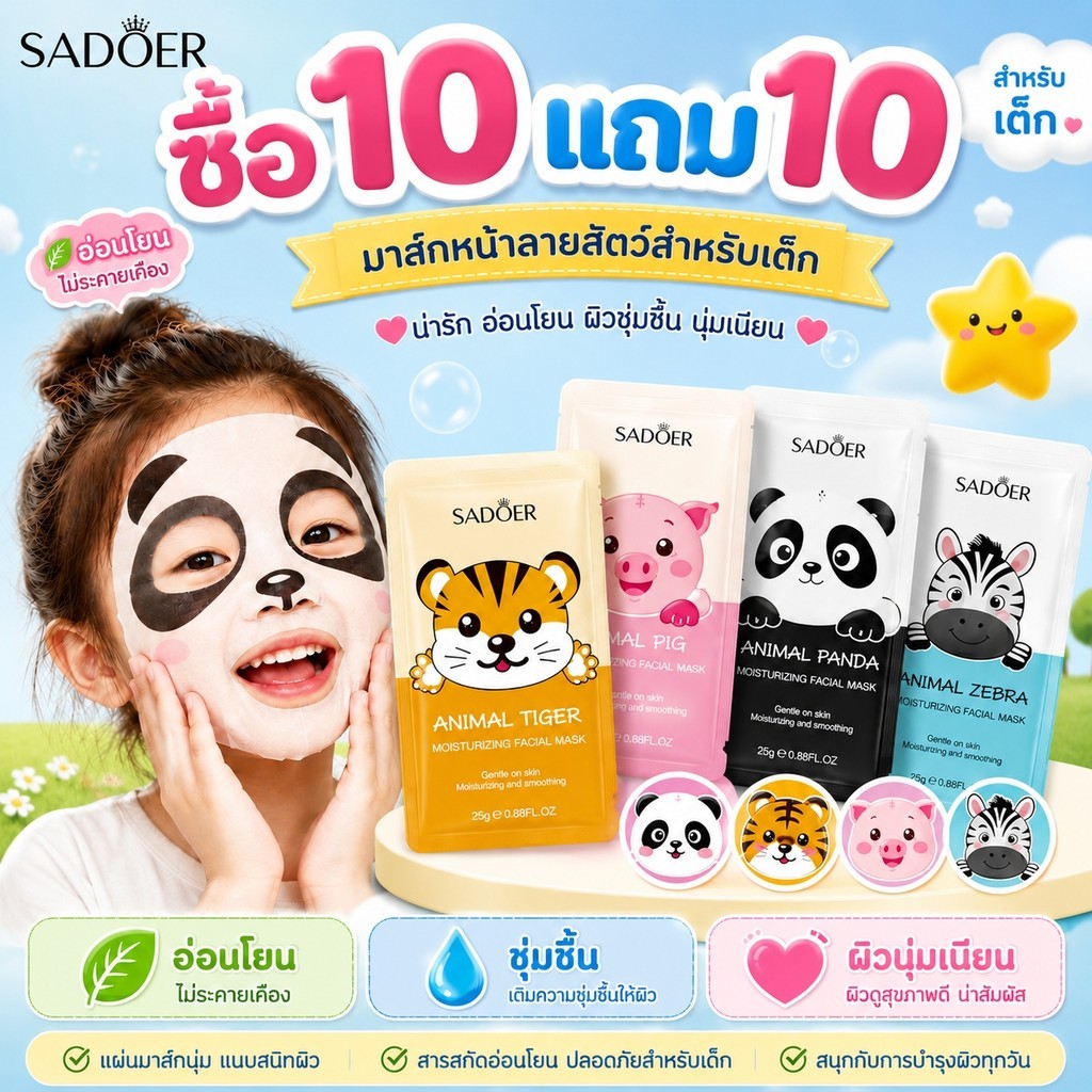 ซื้อ10ชิ้น แถมฟรี10ชิ้น SADOER มาส์กหน้าเด็ก ลายสัตว์น่ารัก สูตรอ่อนโยน เติมความชุ่มชื้น ผิวนุ่มเนียน สดชื่น สำหรับเด็ก