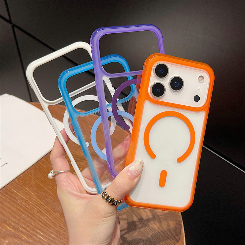 แม่เหล็กอะคริลิคฮาร์ดพนักพิงขอบนุ่มเคสโทรศัพท์เข้ากันได้สําหรับIphone 17promax 16promax 15promax 14promax 17pro 16pro 15pro 13Promaxโปร่งใสShockprooปกหลังปลอก