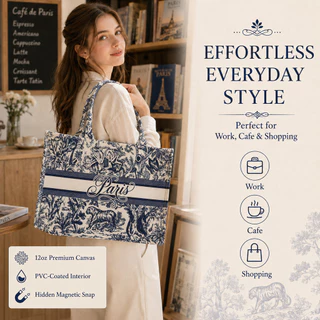 กระเป๋าโท้ทผ้าแคนวาส พรีเมียม Luxury French Toile de Jouy Aesthetic Tote Bag Women