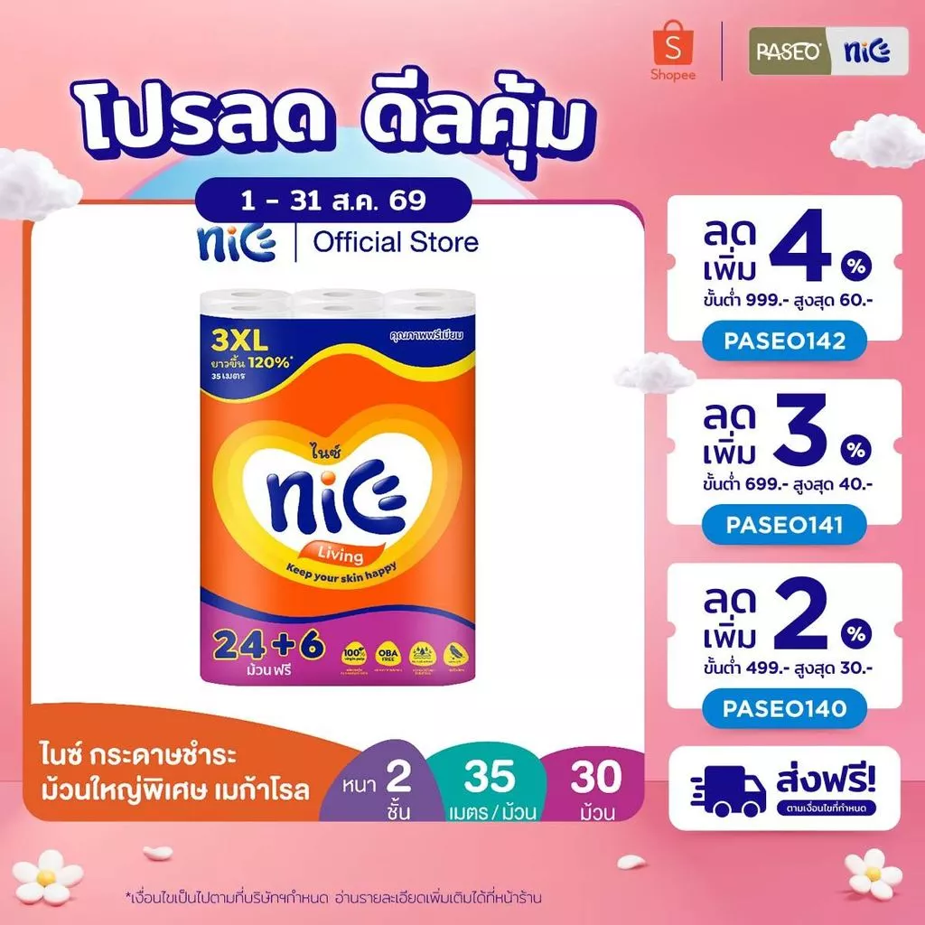 Nice ไนซ์ เมก้าโรล กระดาษชำระ ม้วนใหญ่พิเศษ ขนาด 24+6 ม้วน (35ม./ม้วน) (ทิชชู่ กระดาษทิชชู่) x 1