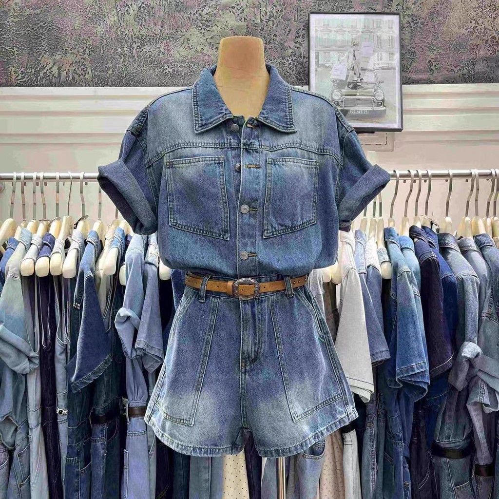 Hong Kong Commuter High Denim Jumpsuit ผู้หญิงกางเกงขาสั้นแขนสั้นปกบาง