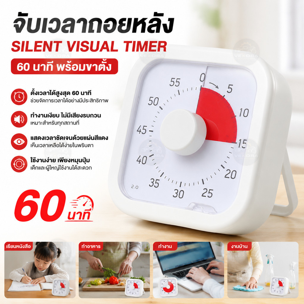 จับเวลาถอยหลัง Silent Visual Timer 60 นาที พร้อมขาตั้ง นาฬิกาจับเวลาแบบหมุน ของใช้ในครัว ทำอาหาร เรียน งานบ้าน