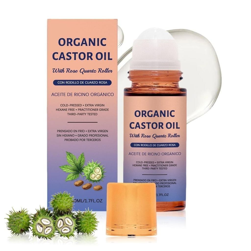 OrganicCastorOilwithRoseQuartzRoller,CastorOilRoll-OnwithRoseQuartzfor,Brows&Lashes,1.7floz,100%Pure