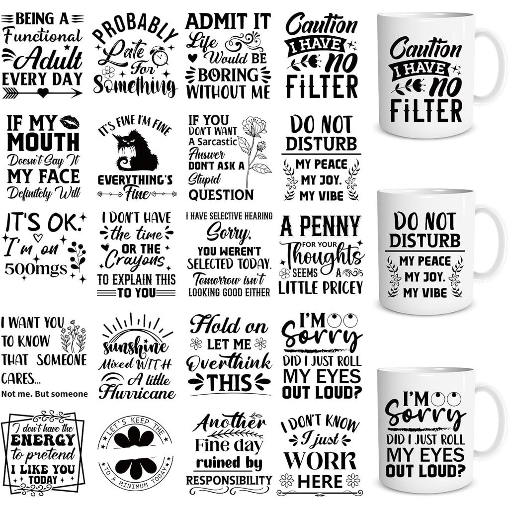 UV DTF 20 แผ่น Sarcastic UV DTF ถ้วยห่อสําหรับ 16 OZ สีดําตลกอารมณ์ขัน UVDF ถ้วย Wraps กันน้ํา UV DT