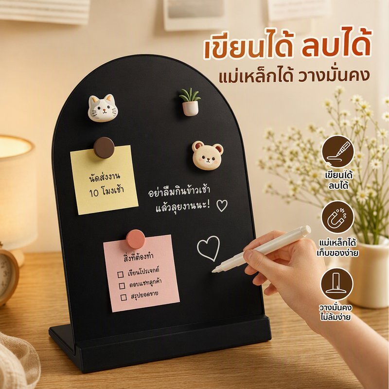 กระดานโน้ตแม่เหล็ก ตั้งโต๊ะ โลหะ สีดำ กระดานข้อความ กระดานบันทึก เช็ดลบได้ ตกแต่งโต๊ะ