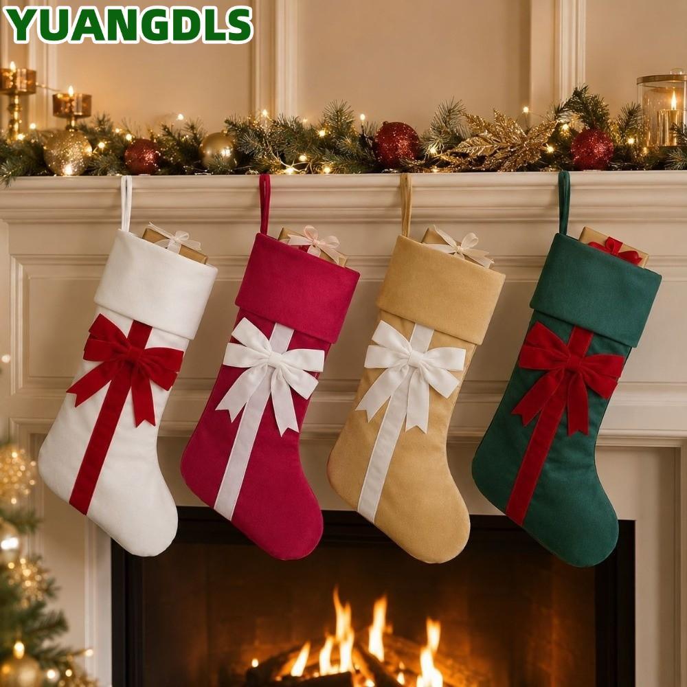 YUANG กระเป๋าของขวัญคริสต์มาส, Holiday Party Christmas Stocking Ribbon Velvet Bow Tie Christmas Stoc