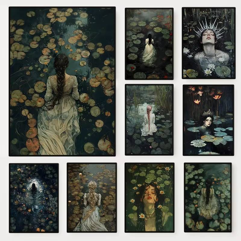 Ophelia Dark Academia Print The Lake Poster Goth Moody Victorian Girl Into Lake Canvas Painting Wall
