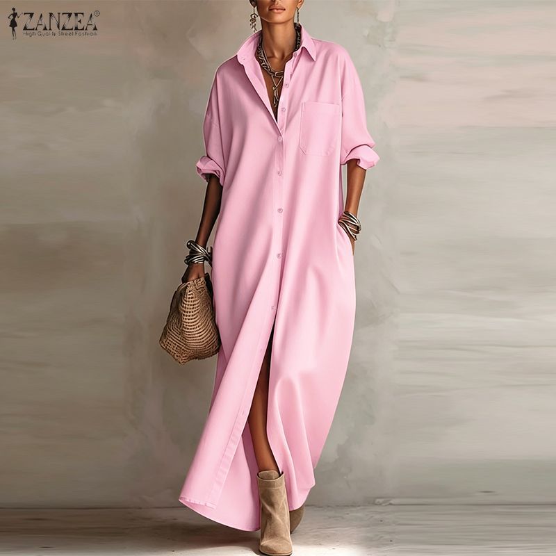 ZANZEA ผู้หญิงวินเทจ Elegant Office ชุด Turn-Down-Collar แขนยาวหลวม Maxi ตรง Shirtdress — صورة 5