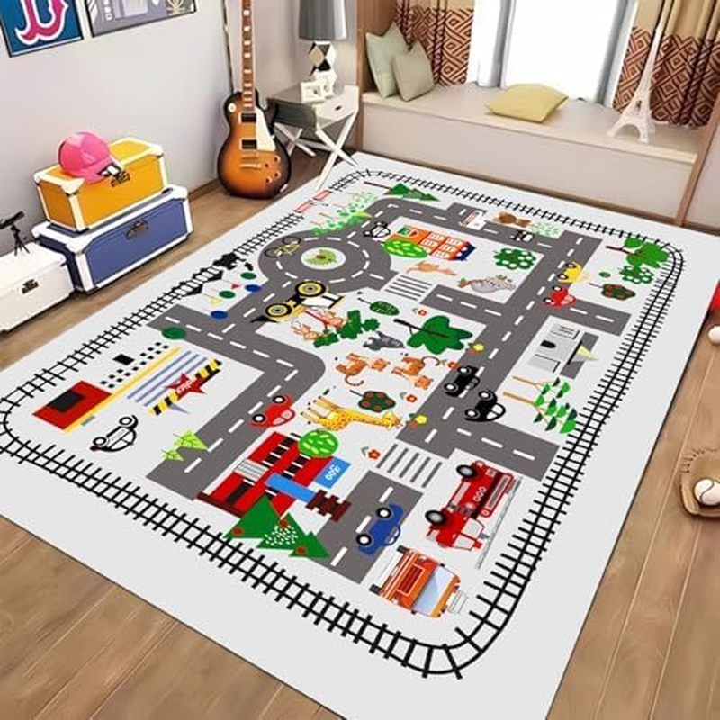 5x7ft Kids Town Road Play Rug - Playmat รถพรมสําหรับ Playroom รถ Mat Town City แผนที่พรมจราจร,ขนาดให