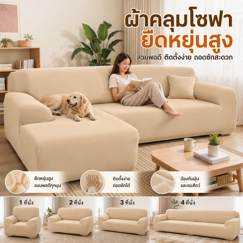 ผ้าคลุมโซฟา ผ้าหุ้มโซฟา ยืดหยุ่น กันขนสัตว์ ซักได้ สำหรับโซฟา 1 2 3 4 ที่นั่ง โซฟา L