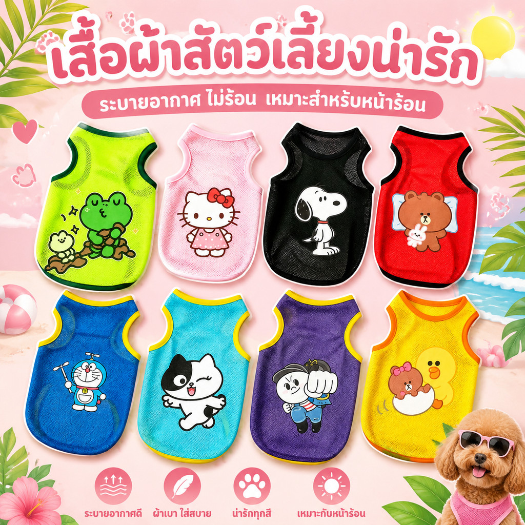 การ์ตูนน่ารักสุนัขเสื้อตาข่ายระบายอากาศเสื้อผ้าสัตว์เลี้ยงเสื้อกั๊กฤดูร้อนสําหรับสุนัขขนาดเล็กแมวลูกสุนัขน้ําหนักเบาแขนกุดชุด