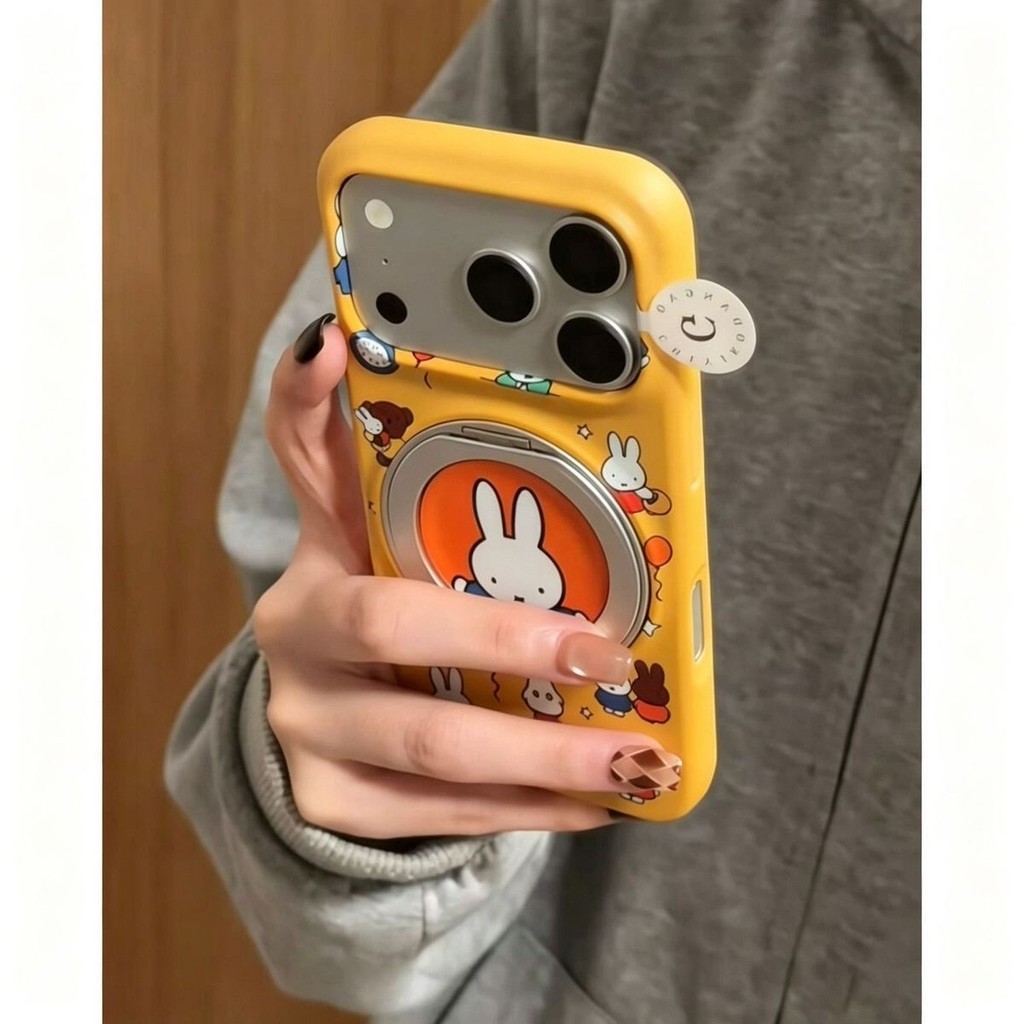 น่ารักสีเหลืองสีส้มกระต่าย 360 หมุนแม่เหล็กโทรศัพท์มือถือสําหรับ ไอโฟน17 16 15 มือโปร สูงสุด กันกระแทกกล้องป้องกัน หยด-การพิสูจน์ ฮาร์ดปกหลัง