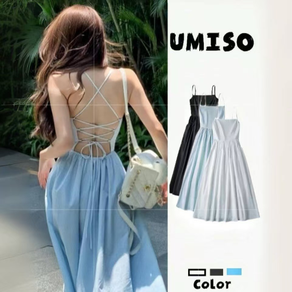 UMISOพร้อมส่ง เดรสออกงาน สายเดี่ยว เปิดหลัง ชุดเดรสผู้หญิง ผูกเชือกด้านหน้า ด้านหลัง สไตล์หรูหรา