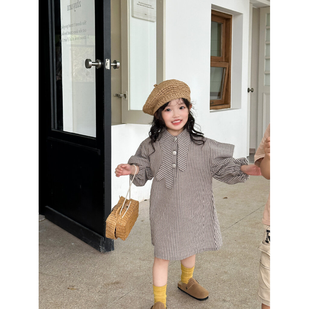 LLD-24 Brown Stripe Vintage Dress เดรสเด็กผู้หญิงลายทางสีน้ำตาล ดีไซน์คอปก ทรงหลวมใส่สบาย (90-130)