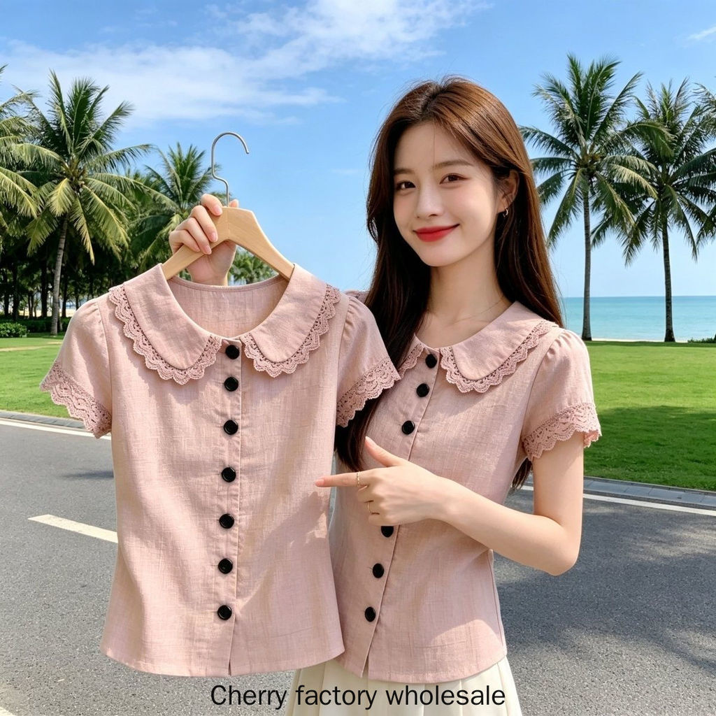 แฟชั่นผู้หญิงสไตล์ใหม่สีชมพูออกแบบลูกไม้เย็บเสื้อ ผอมลง ดูเดี่ยว-เต้านมตุ๊กตาปกด้านบนสุภาพสตรีบนเสื้อผ้า