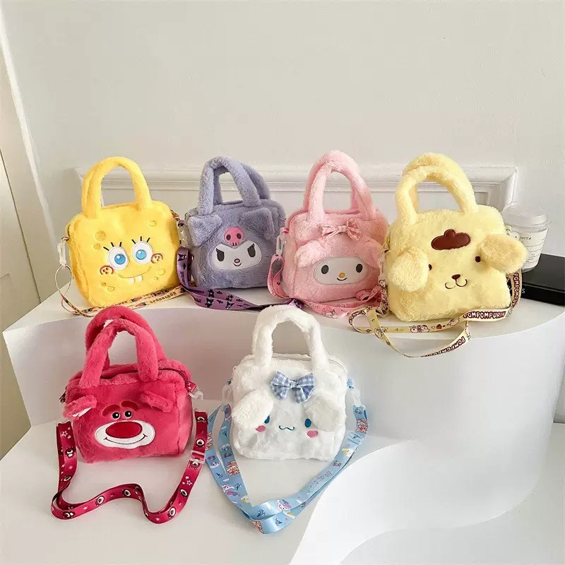 ihappy.shop: กระเป๋าสะพายข้างผู้หญิง ลายการ์ตูนน่ารัก เนื้อผ้าขนนุ่ม สายสะพายปรับได้ มีหลายแบบให้เลื