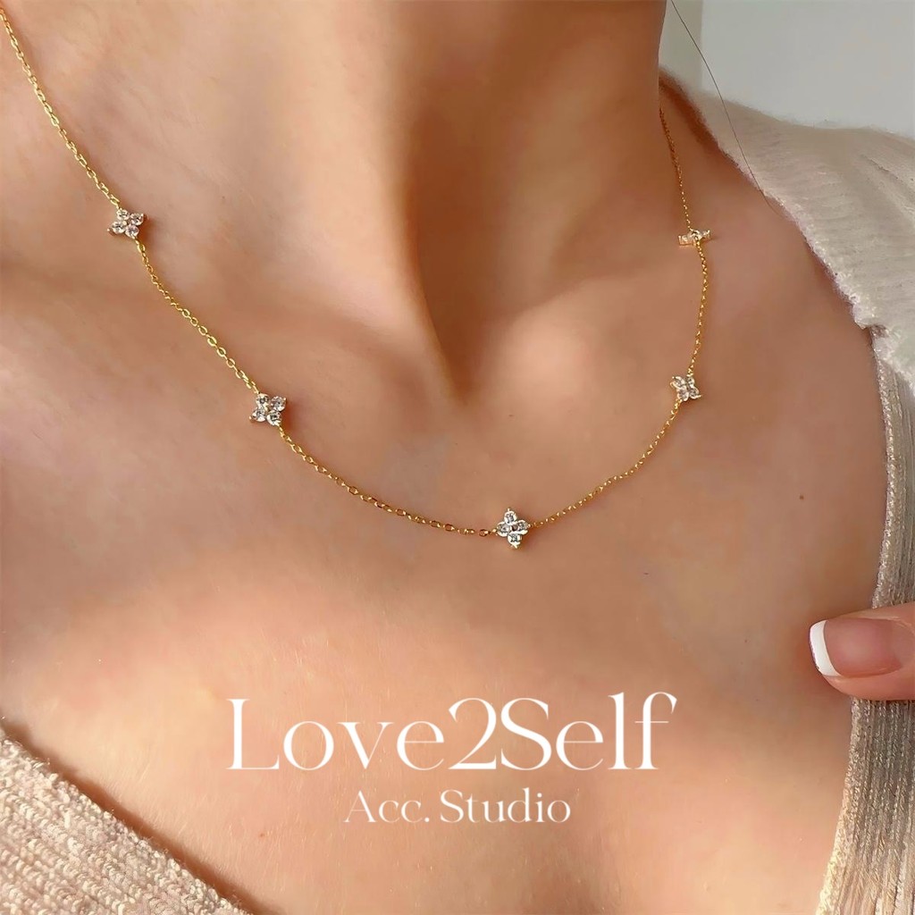 Love2selfX132 Lucky Four Leaf Clover CZ สร้อยคอโซ่สําหรับผู้หญิงสร้อยคอแฟชั่นหรูหรา Gold Silver Tone