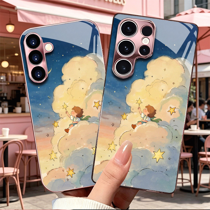 เคส samsung S26ultra S25ultra S24FE S23 S22 S21 S20 Ultra Plus FE Edge A56 A55 A36 A35 A25 A16 ปกแข็งสีชมพูชุบไฟฟ้าหรูหรา เคสโทรศัพท์กันกระแทก ภาพประกอบนิทาน