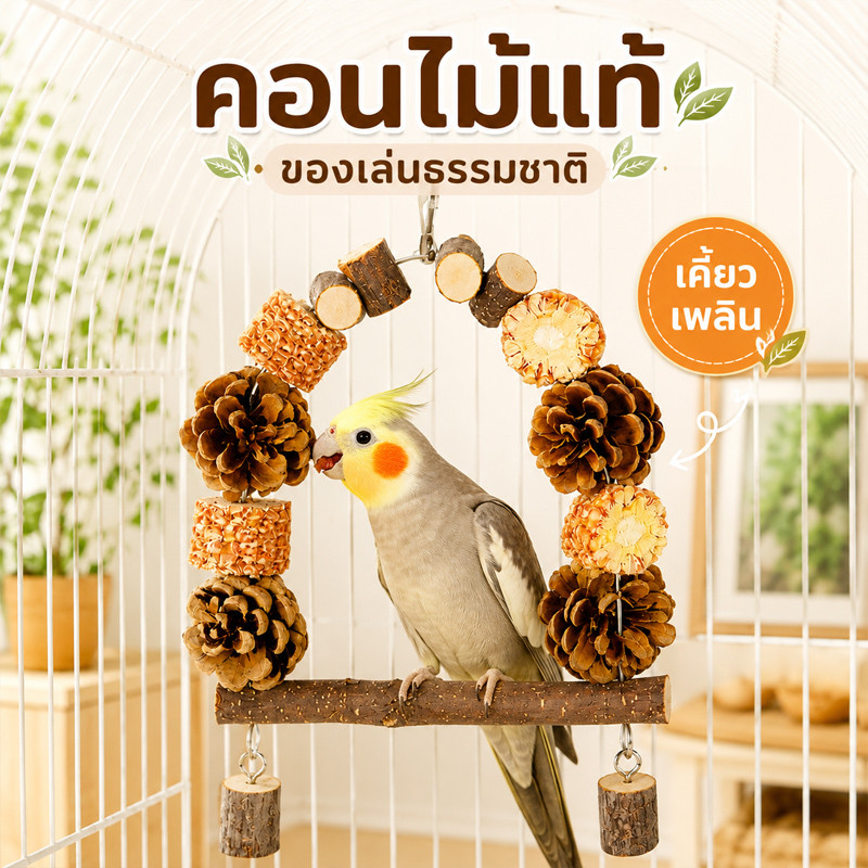 ของเล่นนกแก้วนั่งแกว่งจากวัสดุธรรมชาติ สำหรับการเคี้ยว บดเล็บ คลายเบื่อ และเสริมสารอาหาร และทนต่อการกัด สำหรับนกแก้ว