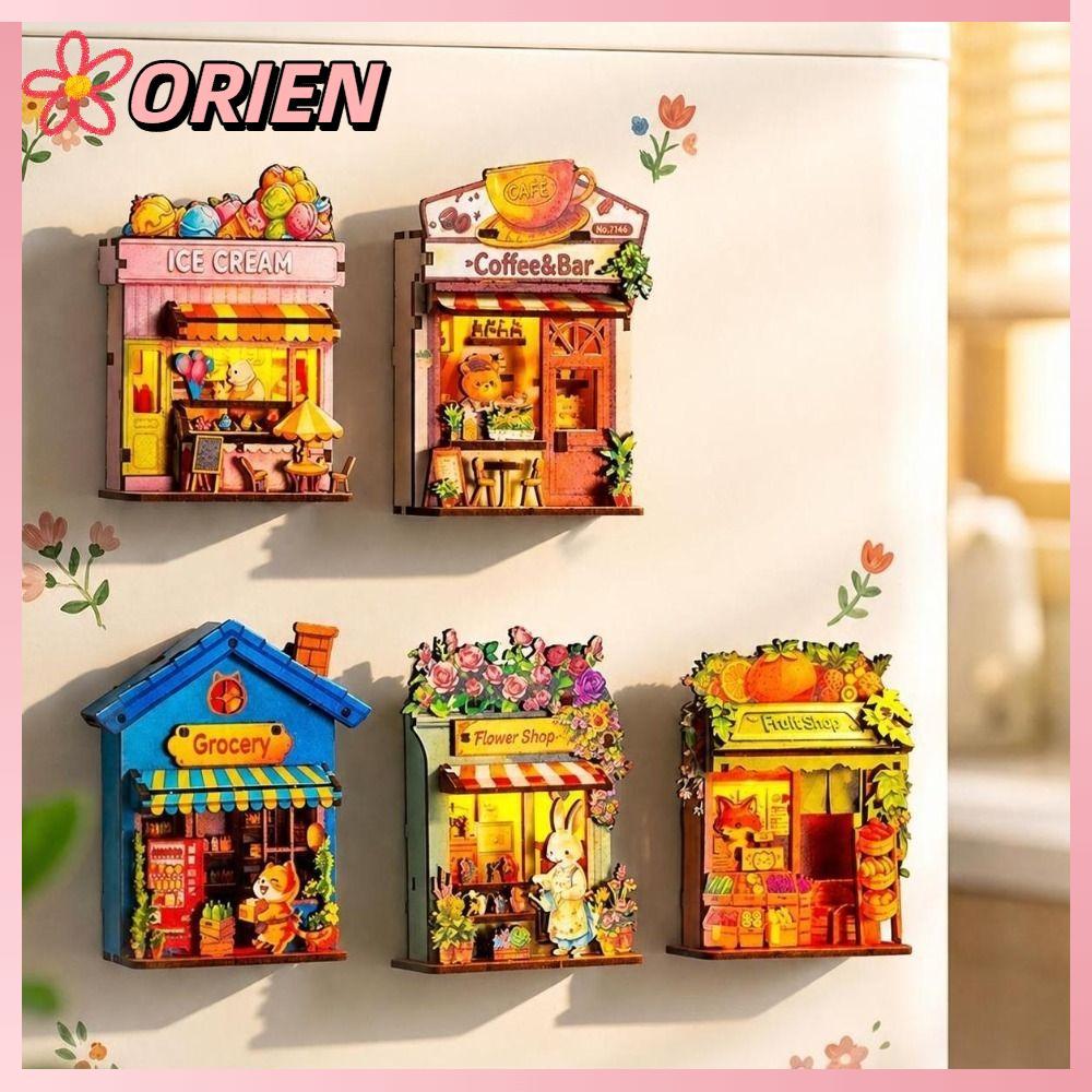 ORIEN DIY ไม้ Mini House, สัตว์ Shop DIY Handcraft ตู้เย็นแม่เหล็ก DIY, พร้อมไฟตกแต่งบ้าน Mini House